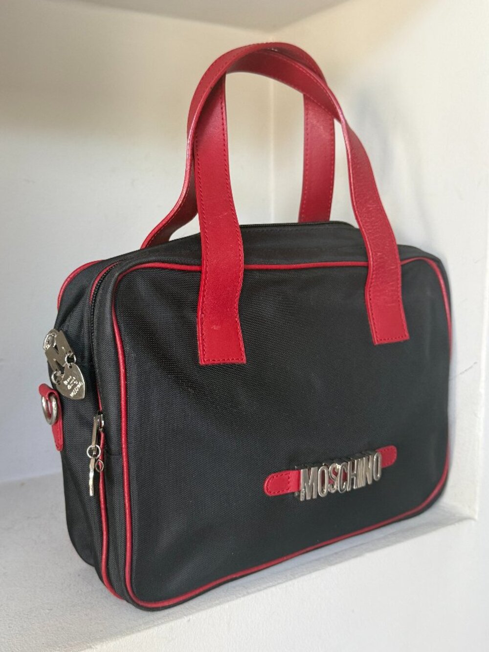 Vintage Moschino Black Nylon Red Leather Logo Shoulder Bag Made in Italy